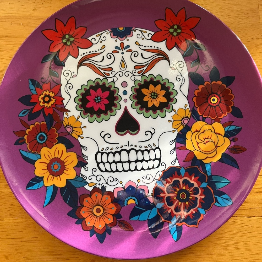 Melamine Day of the Dead Sugar Skull Set of 4 Dinner Plates - Picture 4 of 8
